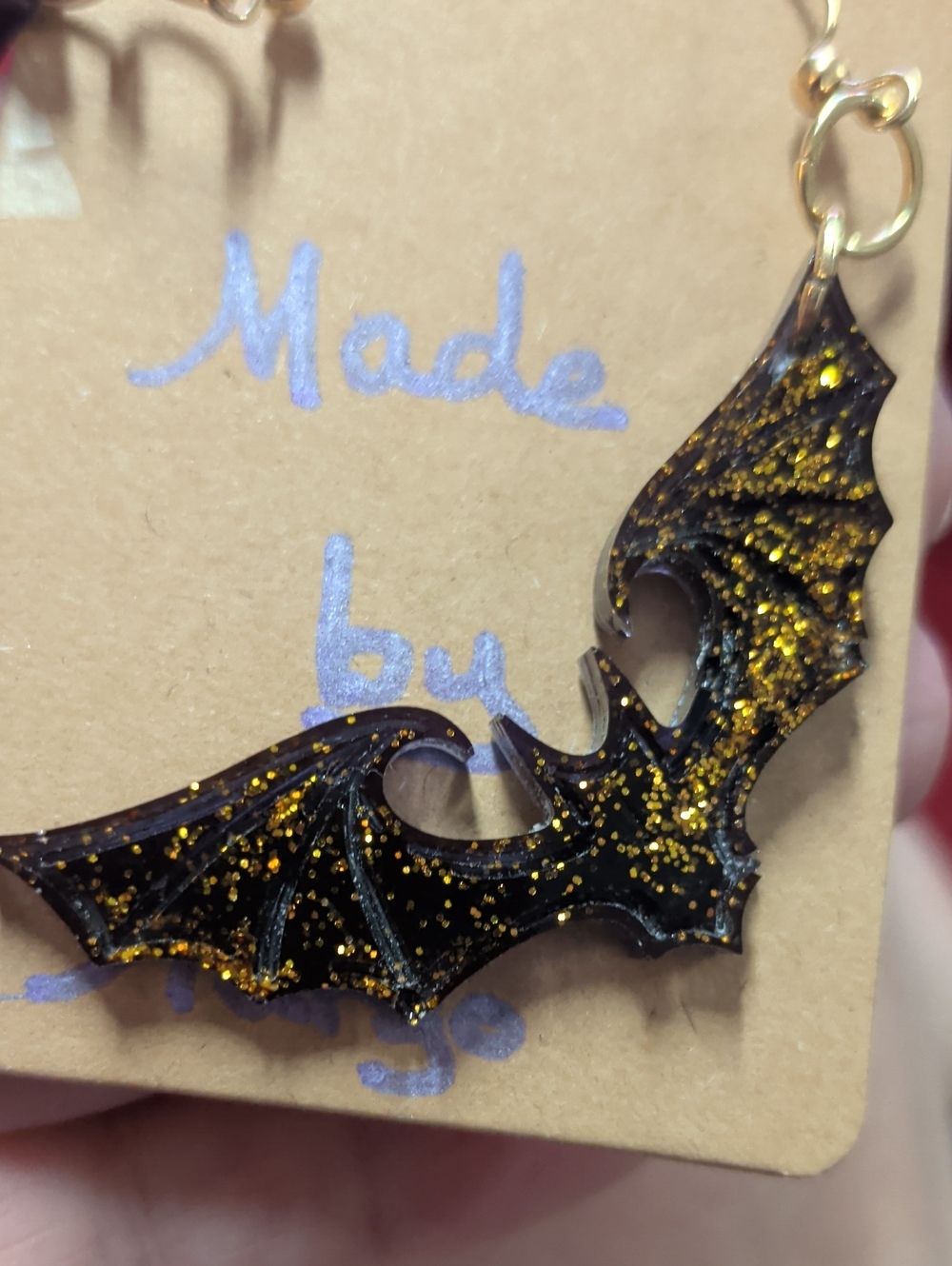 Handcast Resin Bat Earrings Black & Gold Glitter Gothic Halloween Statement - Picture 8 of 8